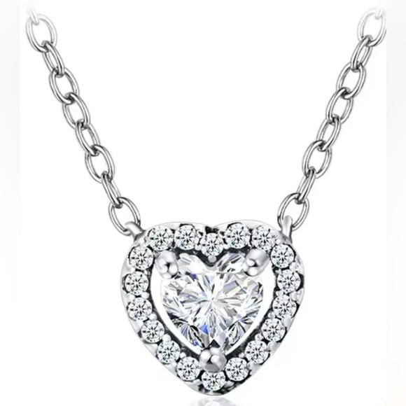Sterling silver halo design heart pendant necklace 925 sterling with clear cz - Picture 2 of 5
